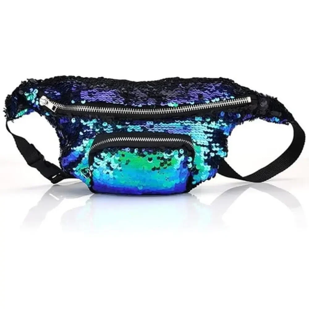 Girls Green & Blue Sequined Zip-Top Fanny Pack Belt Bag